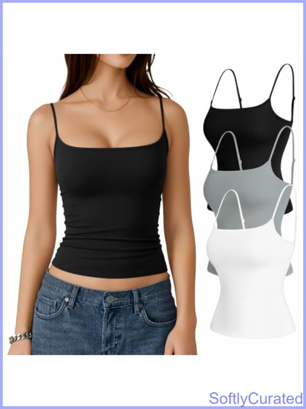 Women's Cami Tank Top 3 Pack Adjustable Spaghetti Strap Slim Fit Square Neck